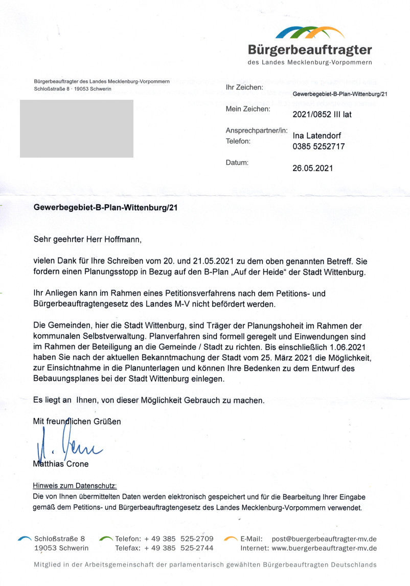 Bebauungsplan Gewerbegebiet Wittenburg Mecklenburg Vorpommern heimatschutzbewegung petition